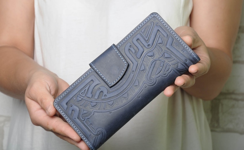 Cartera de cuero azul, Cartera de cuero suave, Cartera con bolsillo para monedas, Cartera unisex, Cartera de cuero auténtico, Cartera de mano, Cartera de mujer imagen 1