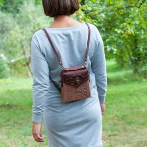 Leather backpack women, bordo+beige leather backpack, boho packpack, embossed leather backpack, ladies backpack, unique backpack for her