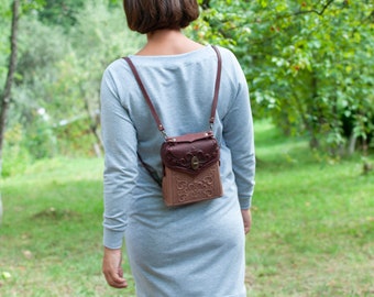 Leather backpack women, bordo+beige leather backpack, boho packpack, embossed leather backpack, ladies backpack, unique backpack for her