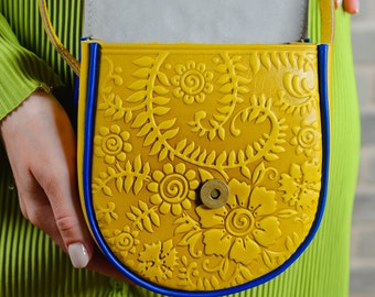 Bright Yellow Leather Crossbody Purse, Small Leather