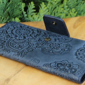 Cartera de piel azul, cartera de piel suave, cartera con monedero, cartera larga para mujer, cartera de plena flor, cartera de mano, cartera de mujer