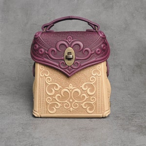 Sac à dos bohème en cuir, sac à dos en cuir pour femmes, sac à dos en cuir beige + violet, sac à dos en cuir gaufré, sac à dos unique