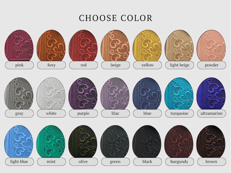 May include: An image displaying a variety of decorative egg-shaped objects in various colors, including pink, foxy, red, beige, yellow, light beige, powder, gray, white, purple, lilac, blue, turquoise, ultramarine, light blue, mint, olive, green, black, burgundy, and brown. The text "CHOOSE COLOR" is at the top.