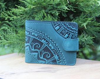 Green leather wallet, genuine leather wallet, leather billfold, embossed leather, small wallet men's, pocket wallet men, billfold wallet