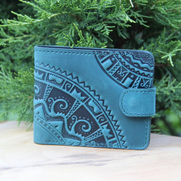 Embossed Green Leather Billfold Wallet: Handmade Calf Leather