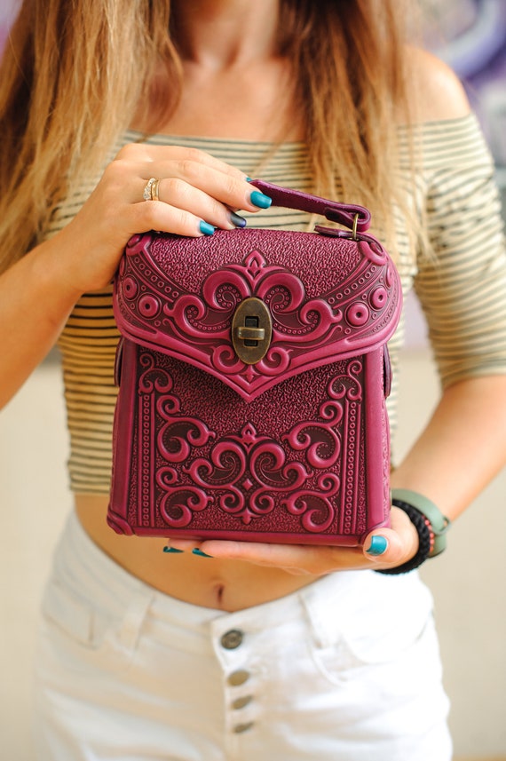 Embossed Leather Mini Backpack: Pink Boho Rucksack - Etsy display picture 1