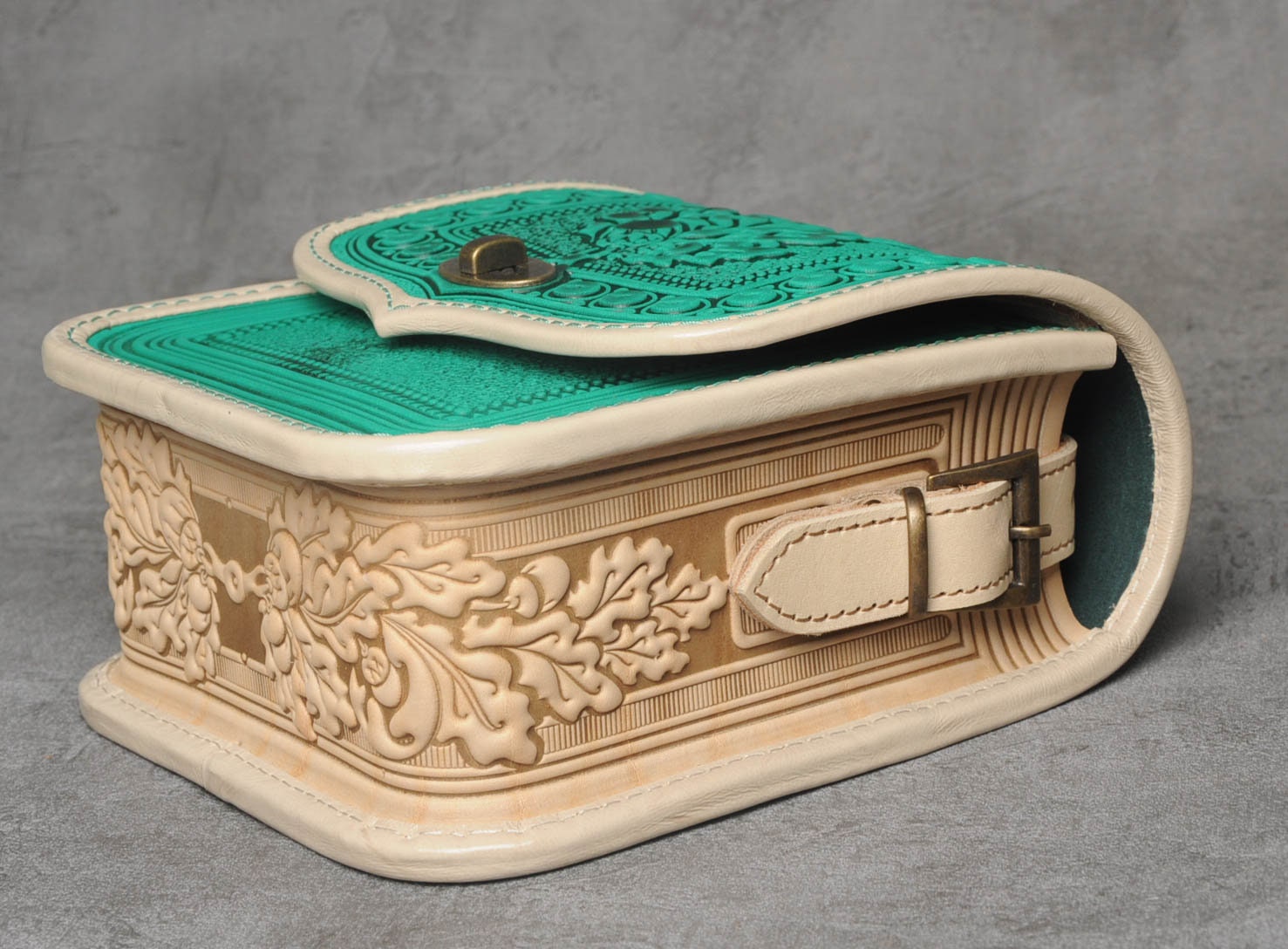 Turquoise Leather Crossbody Bag: Hot Tooled Oak Leaves, Handmade