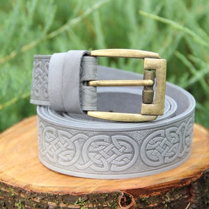 Celtic knot embossed leather belt, gray genuine leather belt men's