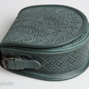 Green bag women, round crossbody bag, genuine leather, tooled leather purse, shoulder leather bag, hot tooled leather, unigue bag for her image 6