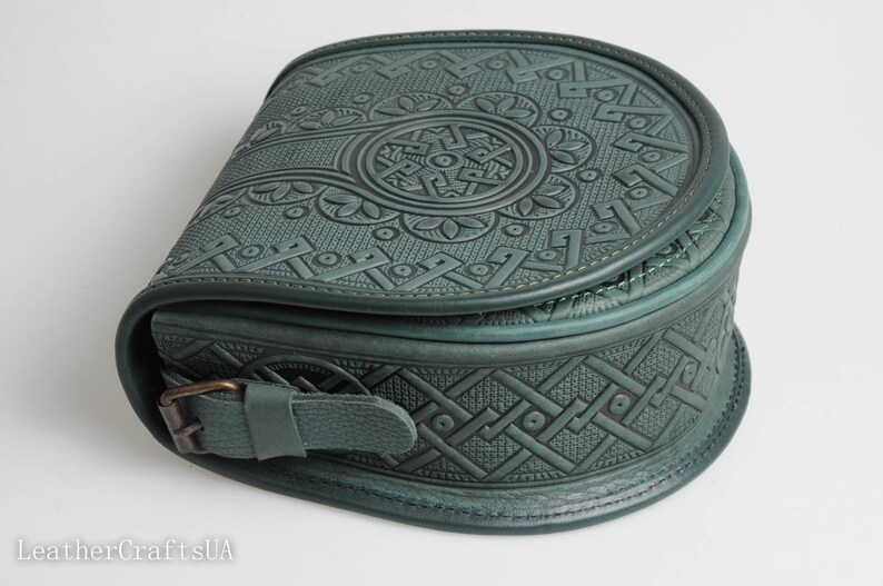Green bag women, round crossbody bag, genuine leather, tooled leather purse, shoulder leather bag, hot tooled leather, unigue bag for her image 6