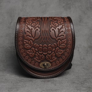 Brown crossbody bag, round leather bag, brown leather purse, chocolate bag womens, crossbody bag, messenger bag, embossed leather