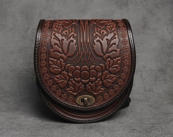 Embossed Leather Crossbody Bag: Round Brown Messenger Purse