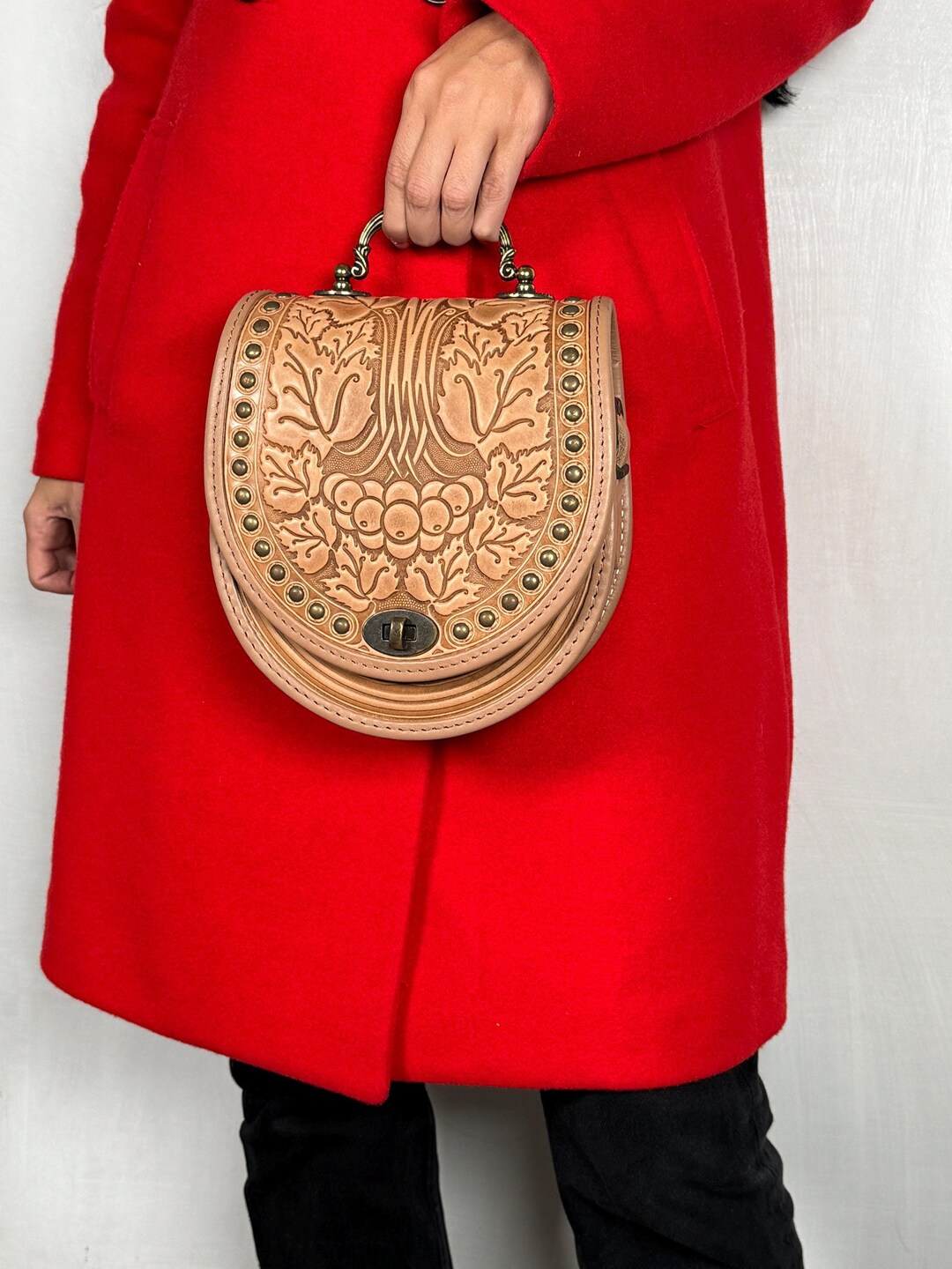 Faux Metallic Leather Braided Embossed Handle Bag main image 1