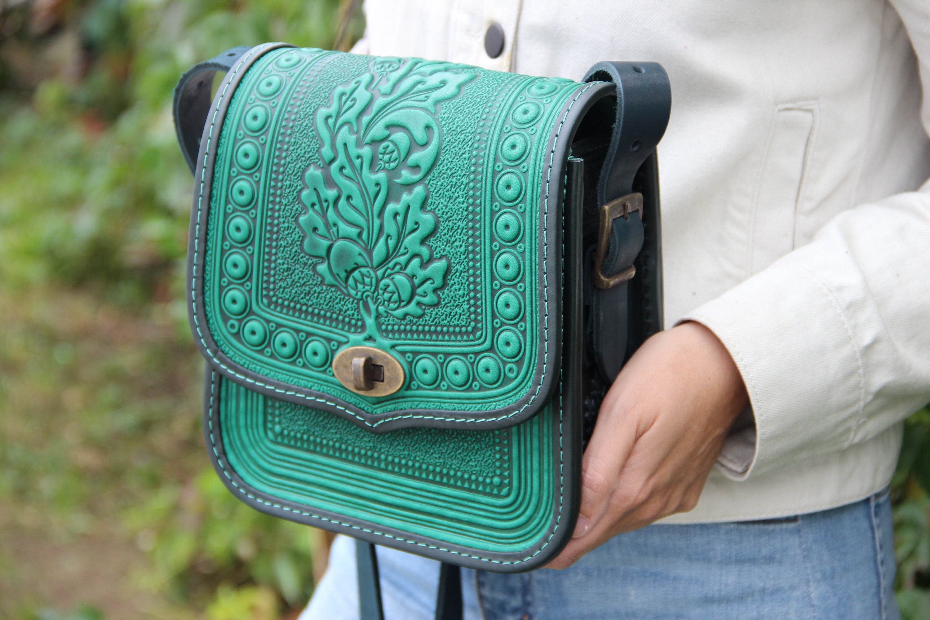 Hot Tooled Leather Crossbody Bag: Oak Leaves, Turquoise Leather