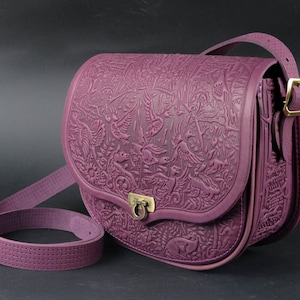 Embossed leather crossbody bag, Genuine leather daily bag, Everyday ethnic bag, Capacious Ukrainian satchel, Leather 3rd anniversary gift