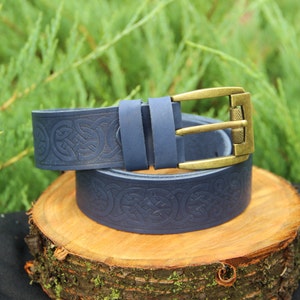 Blue leather belt, celtic belt, embossed leather belt, celtic leather belt, mens leather belt, womens belt, leather accessories
