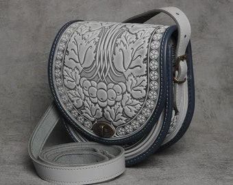 Gray bag ladies, black shoulder bag, round leather bag, green leather purse, crossbody bag, gift for her, embossed bag