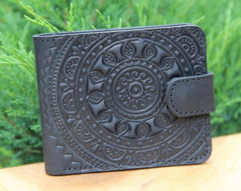 Soft leather black bifold wallet mandala, premium leather small boho wallet mens, genuine leather billfold wallet for women