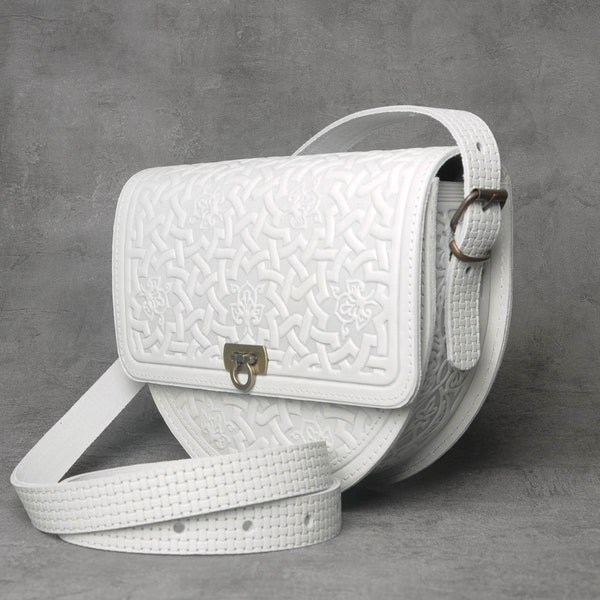 White leather purse, big shoulder bag, white genuine leather bag, unique crossbody bag, embossed leather purse, crossbody bag, gift for girl