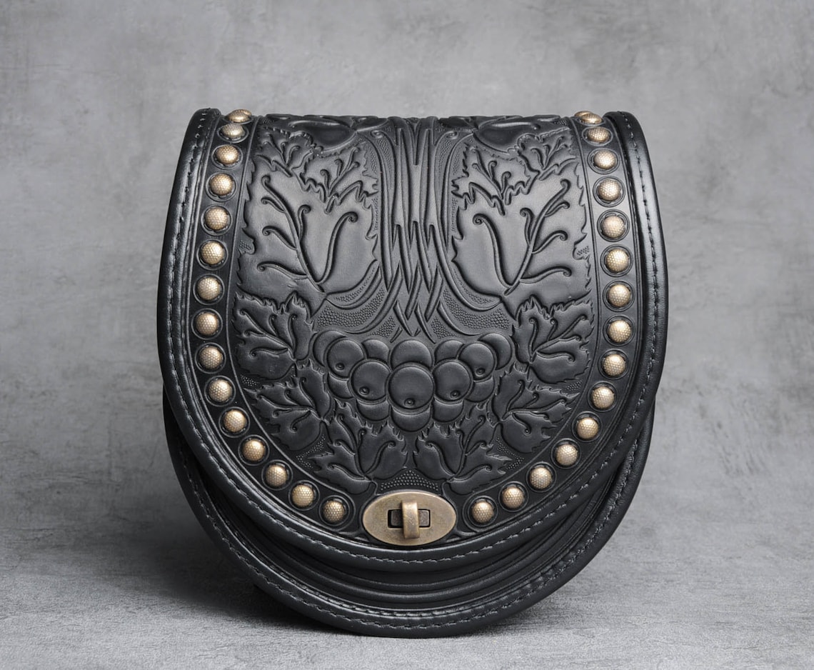 Black Bag With Metal Round Leather Bag Embossed Bag Black Etsy