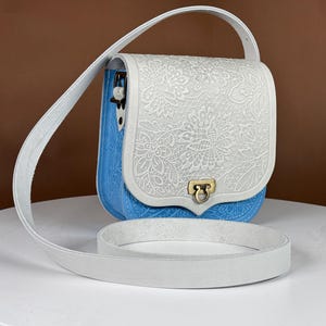 Stylish light blue Shoulder Bag - Embossed Leather Ladies Bag - Chic blue Shoulder Bag - Handcrafted Genuine Leather Purse
