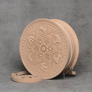 Beige round bag, women round bags, beige leather purse, leather evening bag, round leather purse, round leather bag, unique leather purse
