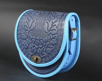 Blaue Crossbody-tasche, runde Ledertasche, blaue Leder Geldbörse, blaue Damentasche, Crossbody-tasche, Messenger-tasche, geprägtes Leder