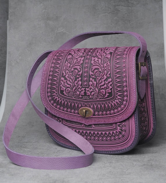 Purple Messenger Bag Genuine Leather Bag Big Leather Bag Tooled Leather Crossbody Bag Shoulder Bag Capacious Bag Etsy Canada