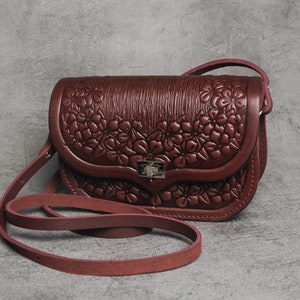 Handcrafted Bordeaux Leather Crossbody Bag: Embossed Floral Mini Purse