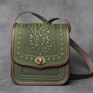 Olive leather purse, hot tooled leather, embossed leather bag, crossbody bag, shoulder leather bag, green bag, messenger bag, gift for her image 10