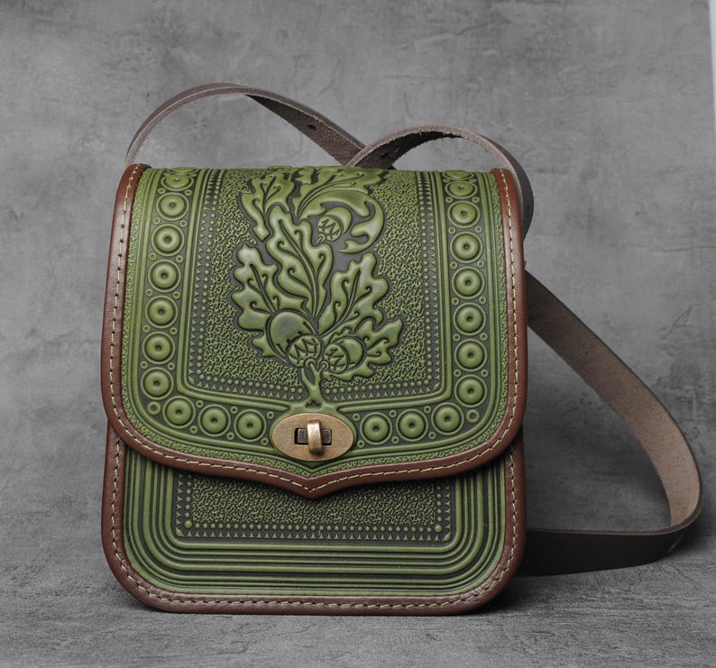 Olive leather purse, hot tooled leather, embossed leather bag, crossbody bag, shoulder leather bag, green bag, messenger bag, gift for her image 10