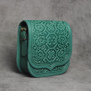 Turquoise crossbody bag, leather purse, hot tooled leather, embossed leather bag, shoulder leather bag, black bag, messenger bag
