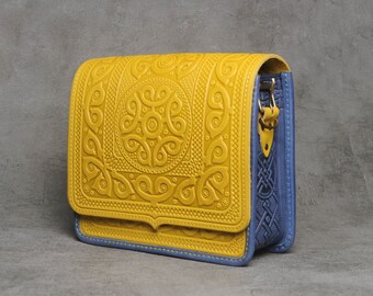 Big leather purse, yellow messenger bag, hot tooled purse, yellow+blue crossbody bag, turquoise shoulder bag, capacious leather bag