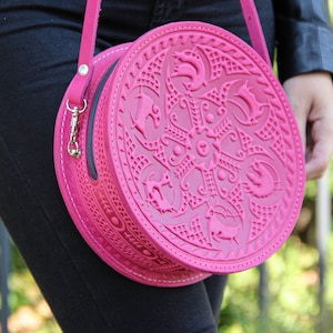 Circle shoulder pink pouch with embossed design Pysanka - Cute leather round evening  bag for women