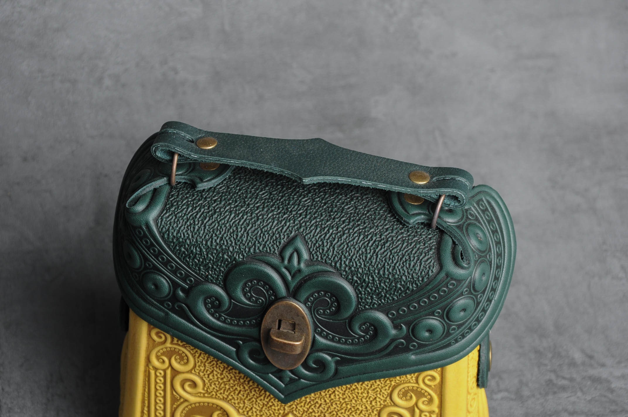 Green Leather Contrast Stitching Backpack Made in Romania Boho Utility www.militarysurplusworld.com | Army Navy Surplus - Tactical  main image 4