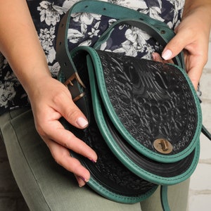 Black/green bag ladies, black shoulder bag, round leather bag, black leather purse, crossbody bag, gift for her, embossed bag