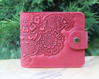 Red leather wallet, embossed billfold, pocket wallet, unique wallet ladies, soft leather wallet, small wallet women's, leather billfold