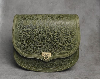 Olive crossbody bag, green shoulder bag, bag with flowers, Green messenger bag Flower, big leather purse, embossed leather purse