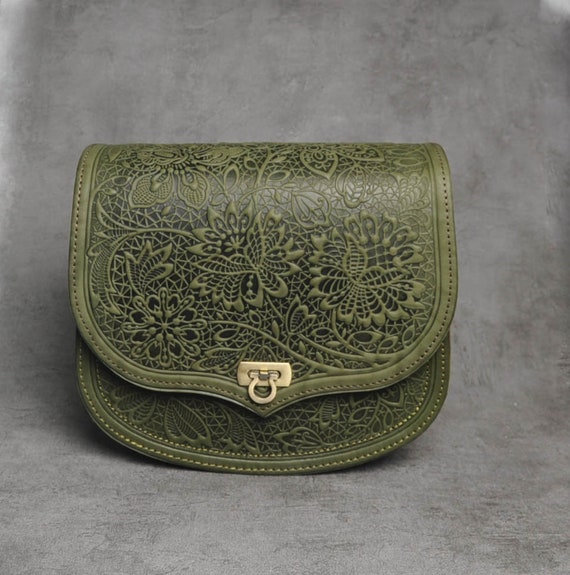 Olive Crossbody Bag, Green Shoulder Bag, Bag With Flowers