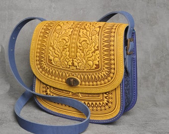 Yellow/blue messenger bag, genuine leather bag, big leather bag, tooled leather, crossbody bag, shoulder bag, capacious bag