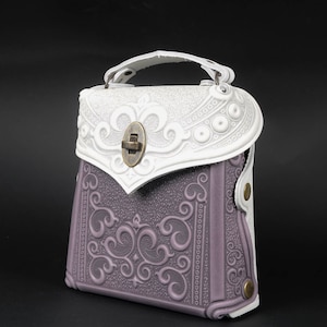 Embossed Leather Backpack: Lilac & White Boho Rucksack