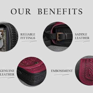 May include: Close-up of a black leather bag with a burgundy leather flap. The bag has a detailed embossed design and features a metal buckle and strap. The text "Reliable Fittings", "Saddle Leather", "Genuine Leather", "Embossment" is displayed around the bag.