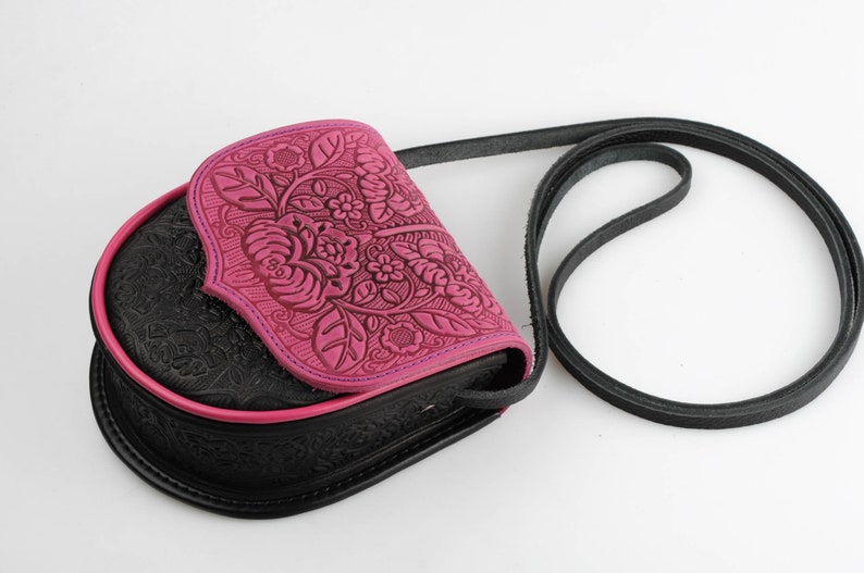 Pink small bag, bright shoulder bag, leather mini purse, small feminine bag, hot tooled leather, embossed leather purse, gift bag image 2