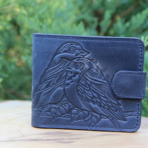 Cartera de cuero azul, Cartera de cuero Pájaros de cuero en relieve, Cartera pequeña, Cartera de cuero auténtico, Cartera de bolsillo con pájaros, Cartera plegable