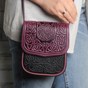 Leather mini purse, leather small bag, small crossbody bag, hot tooled leather, purple black shoulder bag, embossed leather purse