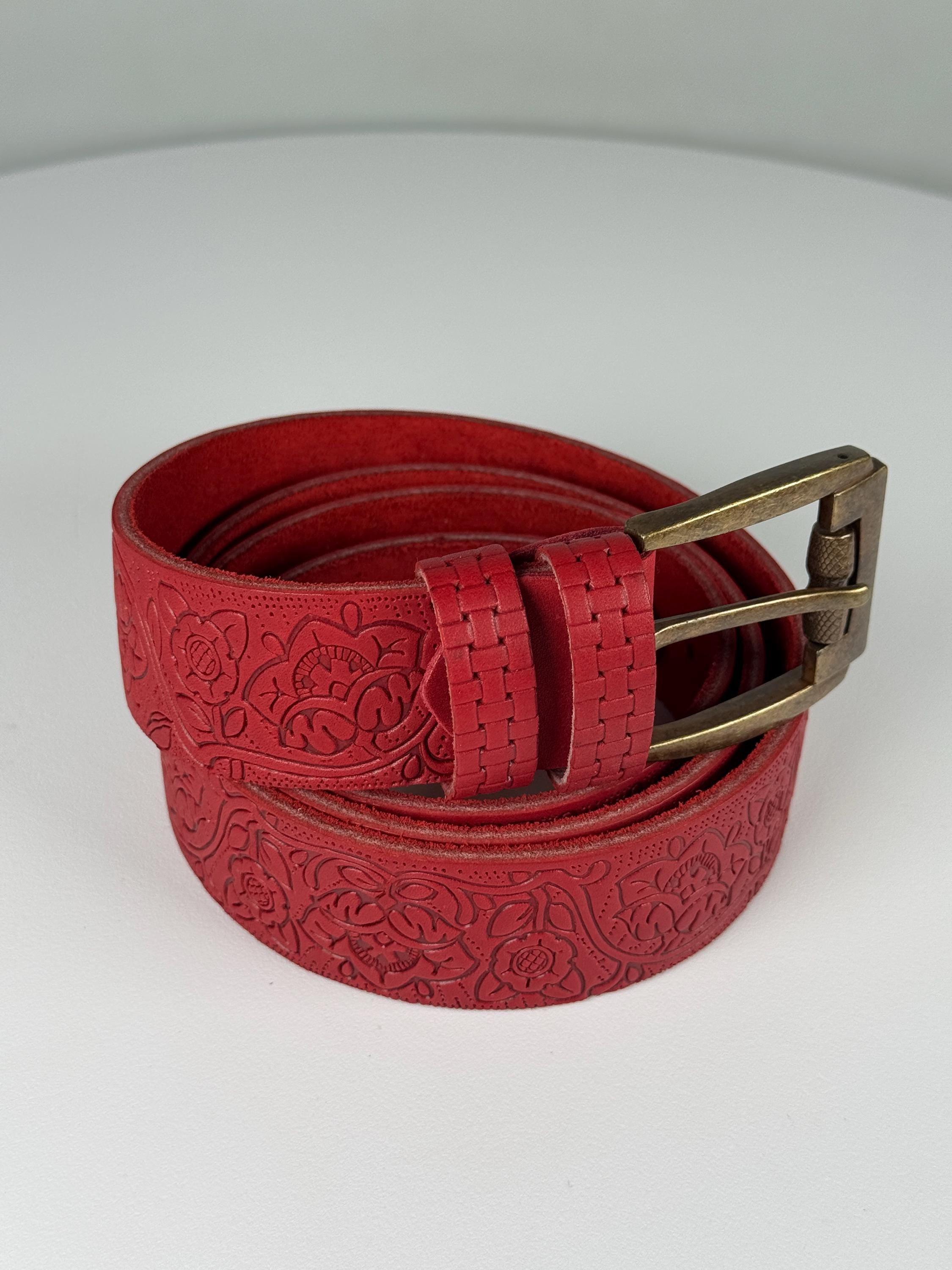 Motif 56 Brown Leather and Red Patterned Textile Women\'s Belt Size S Tan Brown Floral Cut Out Belt | FatFace USA main image 2