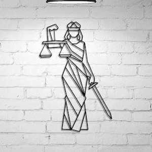 Justitia Metall Wandbild, Metall Wanddekor, Femida, Themis, Geometrisches Wanddekor, Metallkunst, Draht Dekor, Geschenk für Kanzlei, Advokat, Geschenke für Anwälte