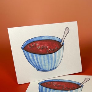 Carte de voeux Bon rétablissement, bol de soupe - Design de carte mignon, rétablissement bientôt, carte pense à vous, carte intérieure vierge, carte soupe alphabet