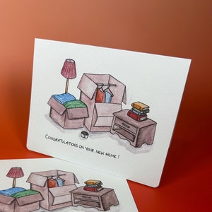 Félicitations pour votre nouvelle carte de voeux pour votre maison avec des cartons de déménagement - carte pour maison neuve, carte de pendaison de crémaillère, carte porte-clés, intérieur vierge, félicitations