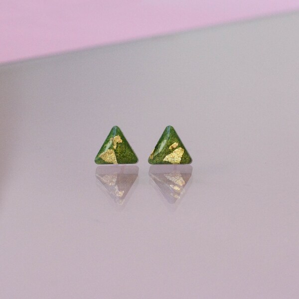 Green & Gold Triangle Studs | Minimalist Studs | Shimmery Earrings | Unique Earrings | Green Studs | Gold Studs | Small Studs | Cute Studs |